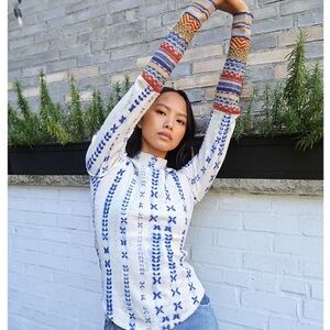 Free People White Blue Button Down Shirt with Mandarin Collar